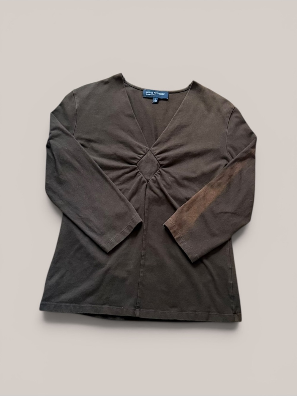 Jones New York Chocolate Brown Ruched V-Neck 3/4 Sleeve Top Medium